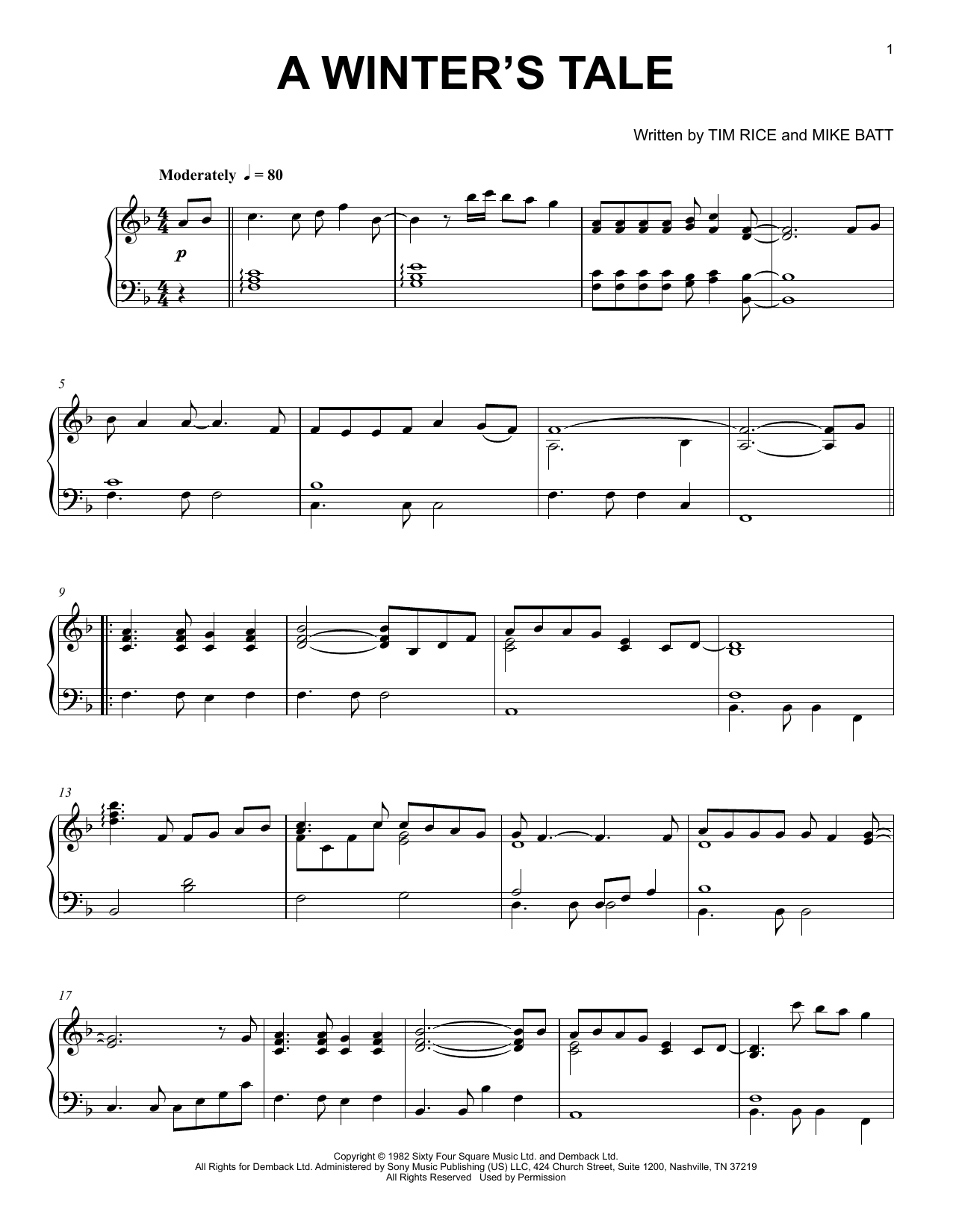 Mike Batt A Winter's Tale sheet music notes and chords arranged for Piano Solo