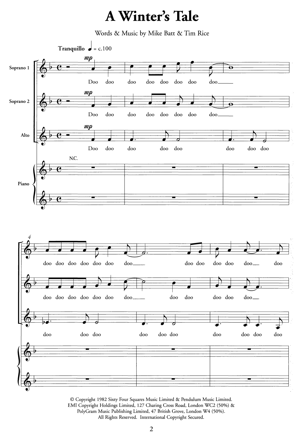 Mike Batt and Tim Rice A Winter's Tale sheet music notes and chords arranged for SSA Choir