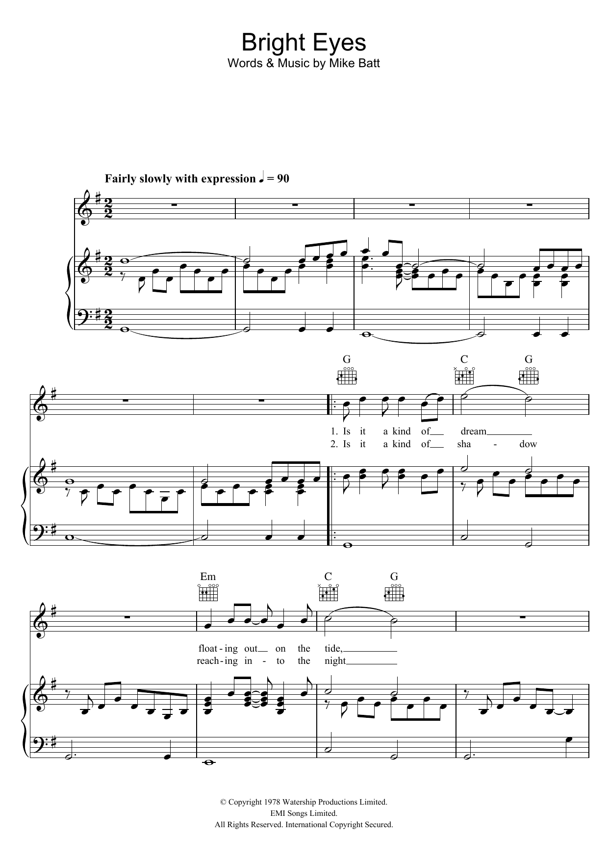 Mike Batt Bright Eyes sheet music notes and chords arranged for Piano, Vocal & Guitar Chords (Right-Hand Melody)