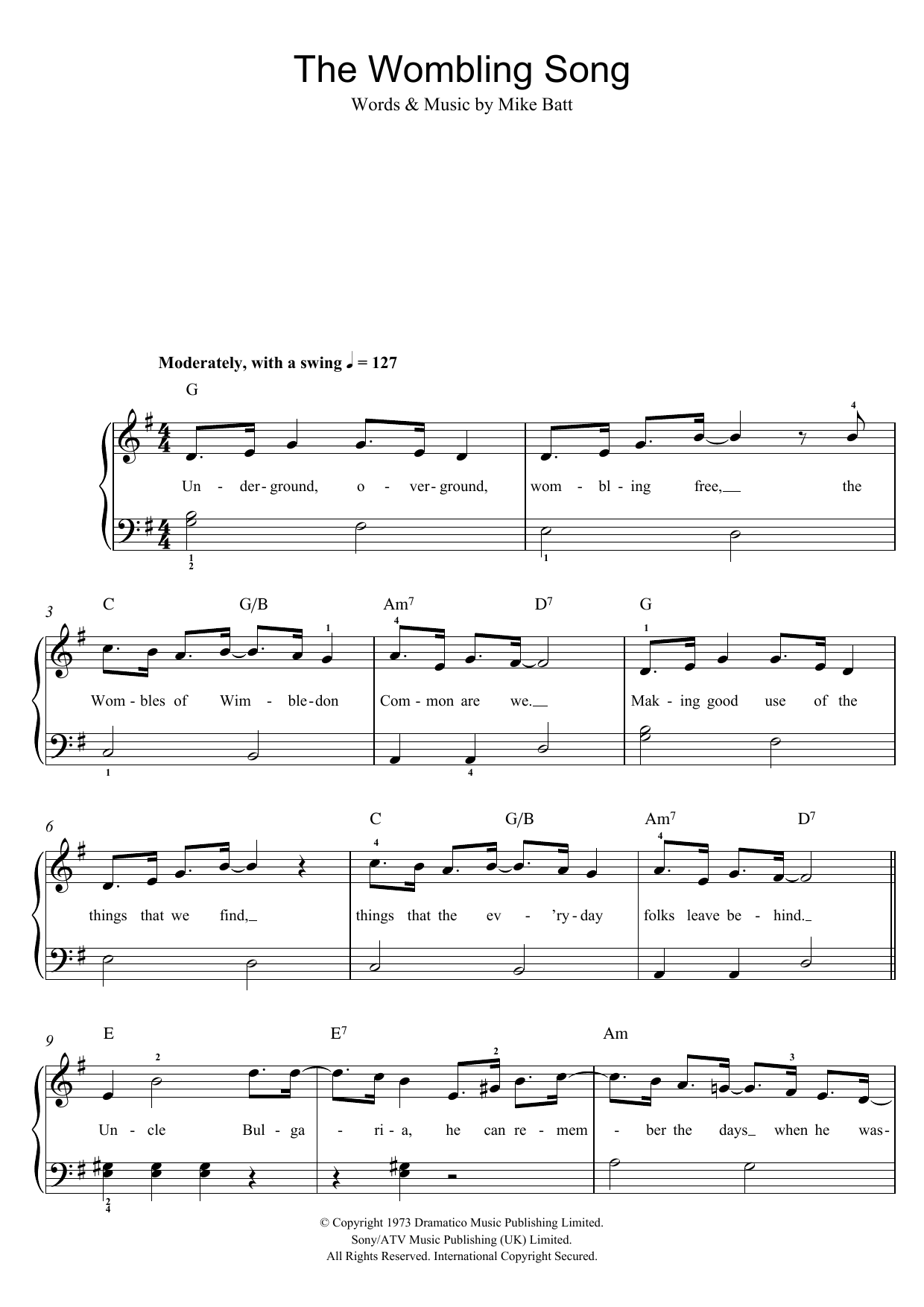 Mike Batt The Wombling Song sheet music notes and chords arranged for Easy Piano