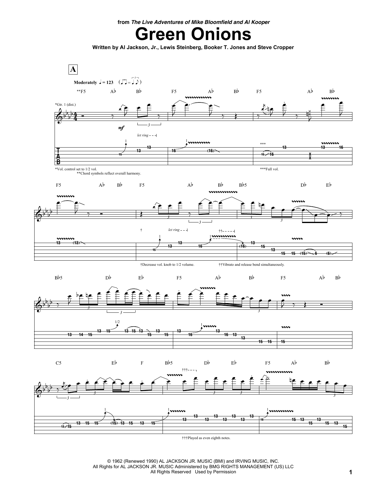 Mike Bloomfield & Al Kooper Green Onions sheet music notes and chords arranged for Guitar Tab