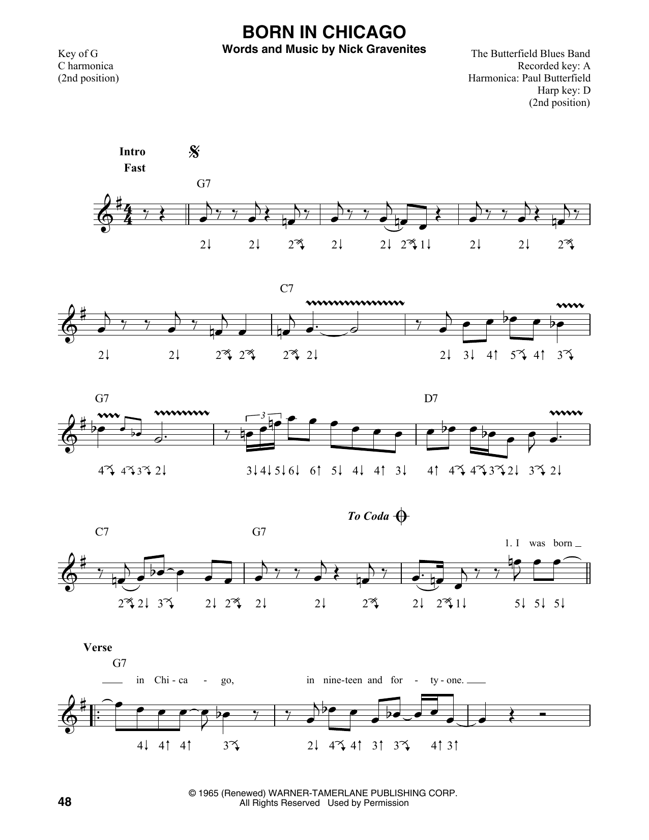 Mike Bloomfield Born In Chicago sheet music notes and chords arranged for Harmonica