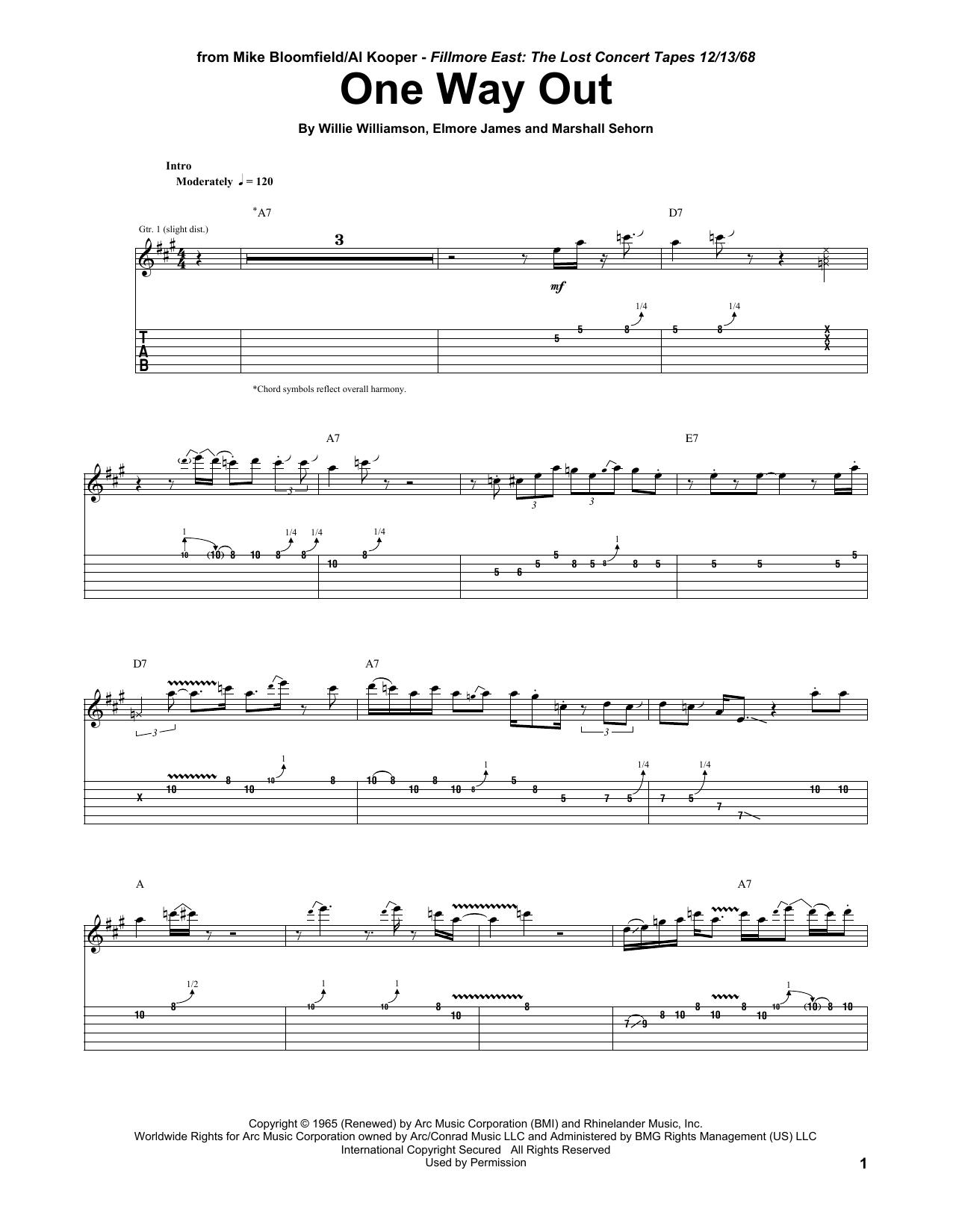 Mike Bloomfield One Way Out sheet music notes and chords arranged for Guitar Tab