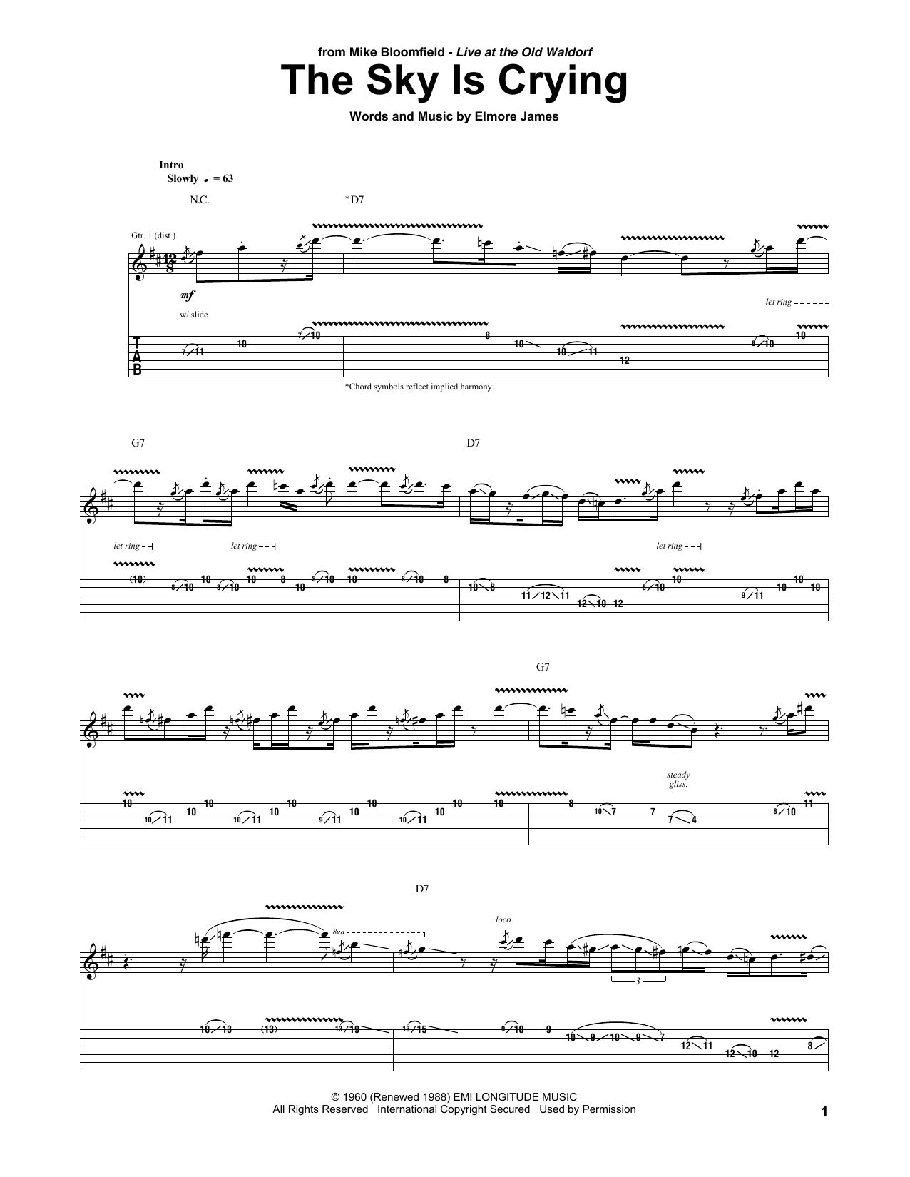 Mike Bloomfield The Sky Is Crying sheet music notes and chords arranged for Guitar Tab