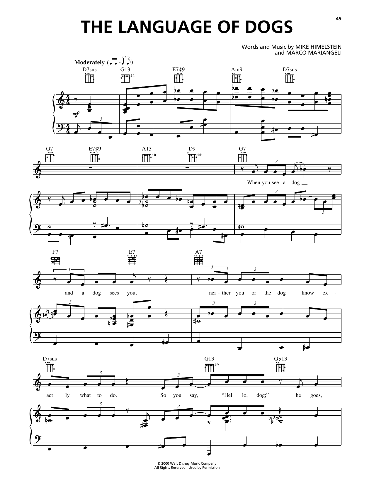 Mike Himelstein The Language Of Dogs (from 102 Dalmatians) sheet music notes and chords arranged for Piano, Vocal & Guitar Chords (Right-Hand Melody)