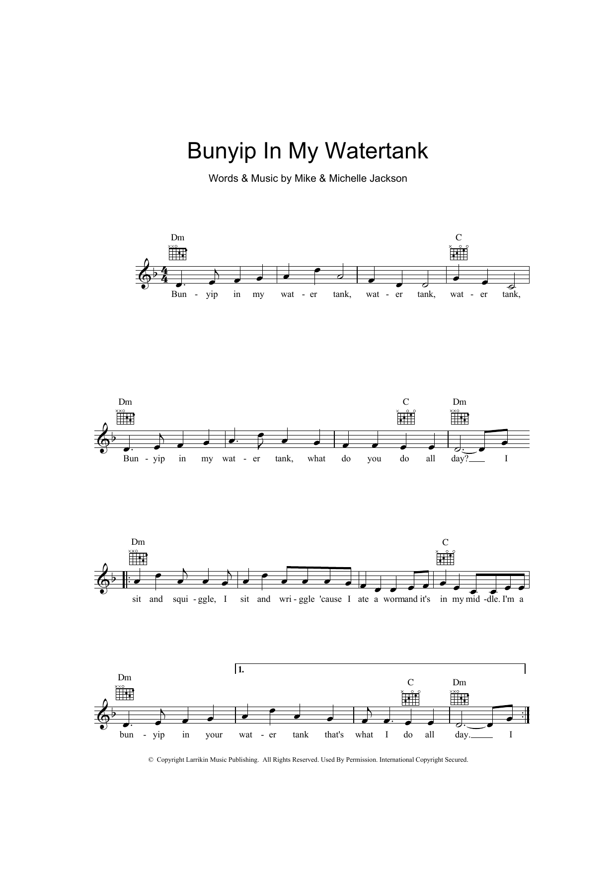 Mike Jackson Bunyip In My Water Tank sheet music notes and chords arranged for Lead Sheet / Fake Book