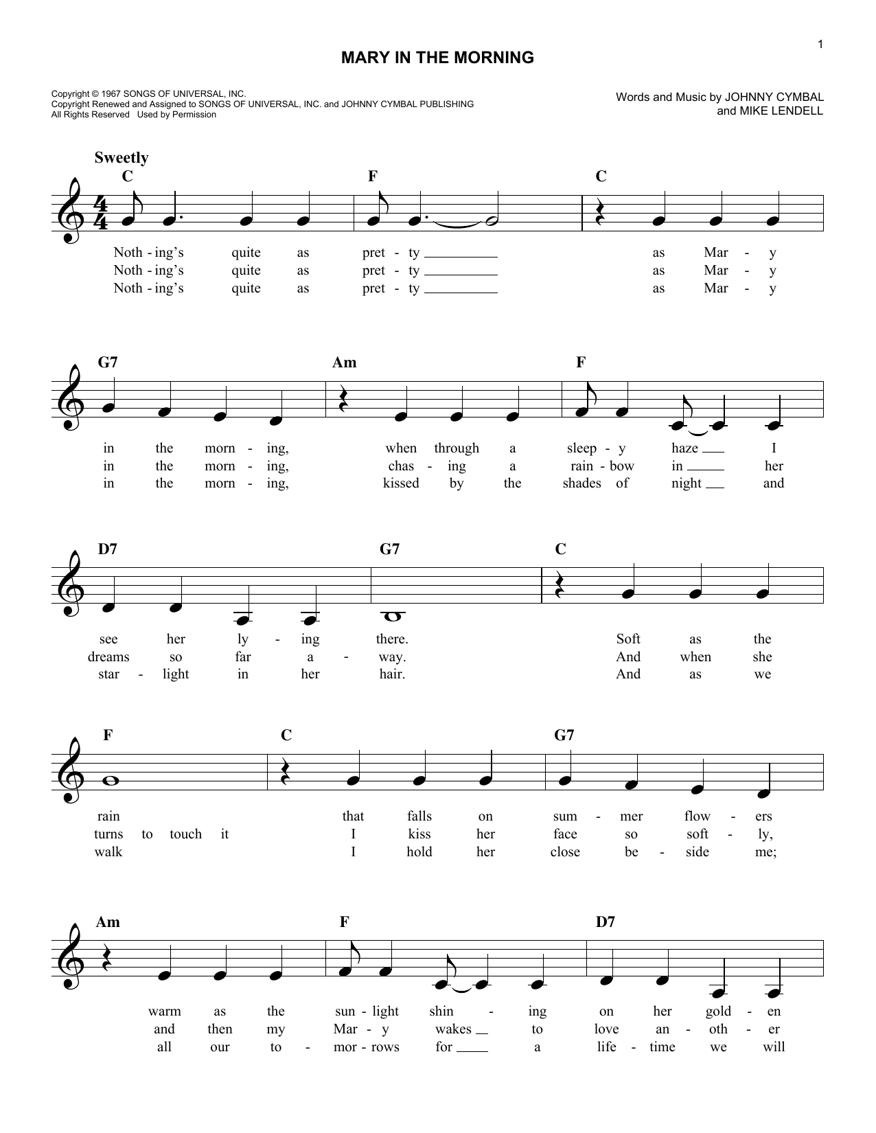 Mike Lendell Mary In The Morning sheet music notes and chords arranged for Lead Sheet / Fake Book