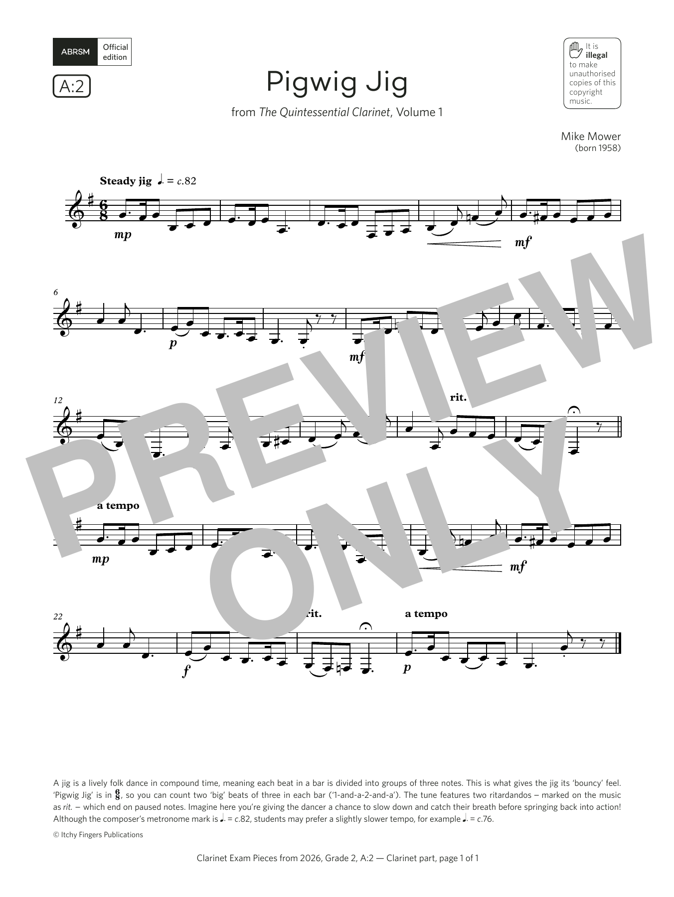 Mike Mower Pigwig Jig (Grade 2, list A2, from the ABRSM Clarinet Syllabus from 2026) sheet music notes and chords arranged for Clarinet Solo