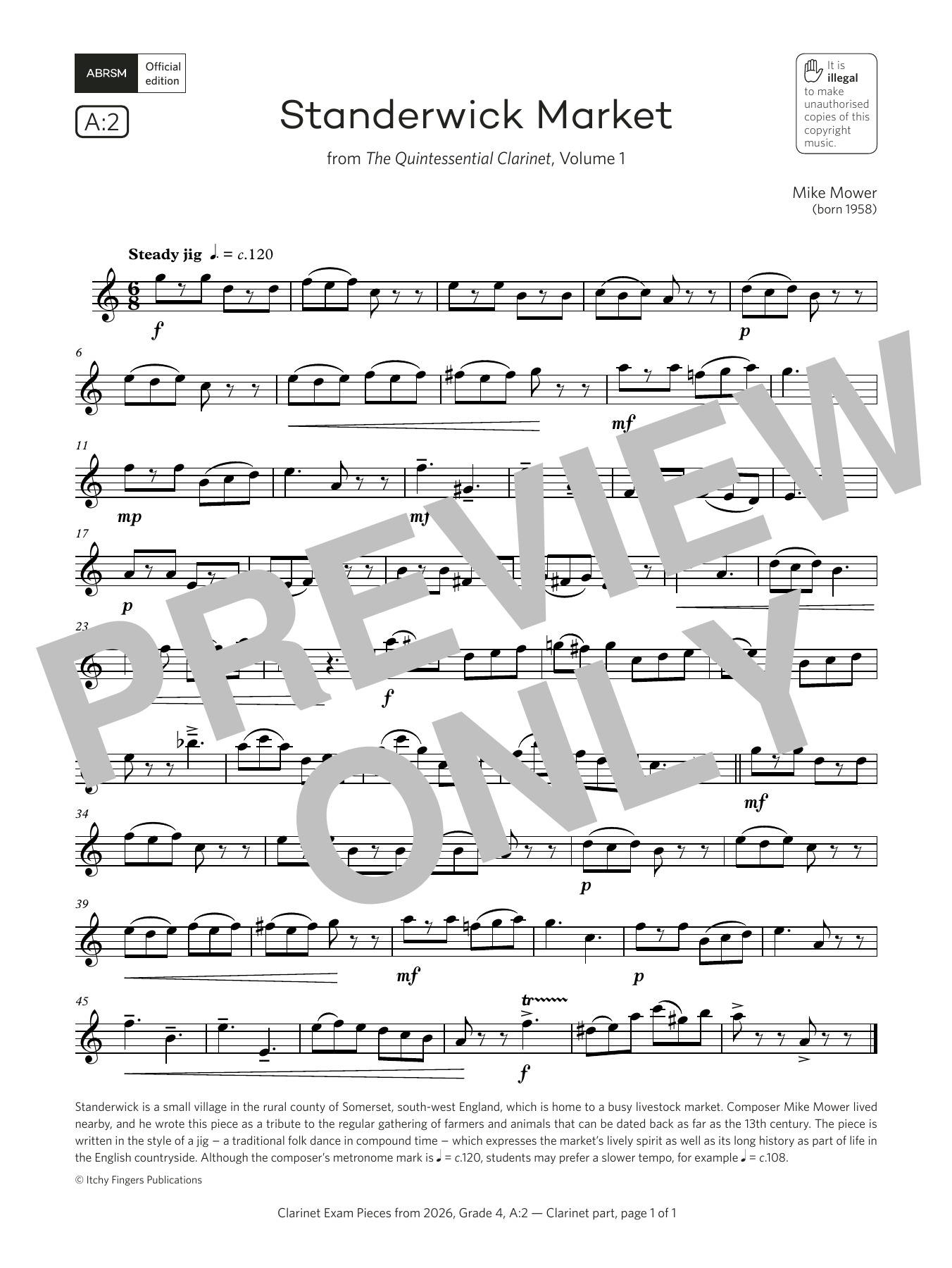 Mike Mower Standerwick Market (Grade 4, list A2, from the ABRSM Clarinet Syllabus from 2026) sheet music notes and chords arranged for Clarinet Solo