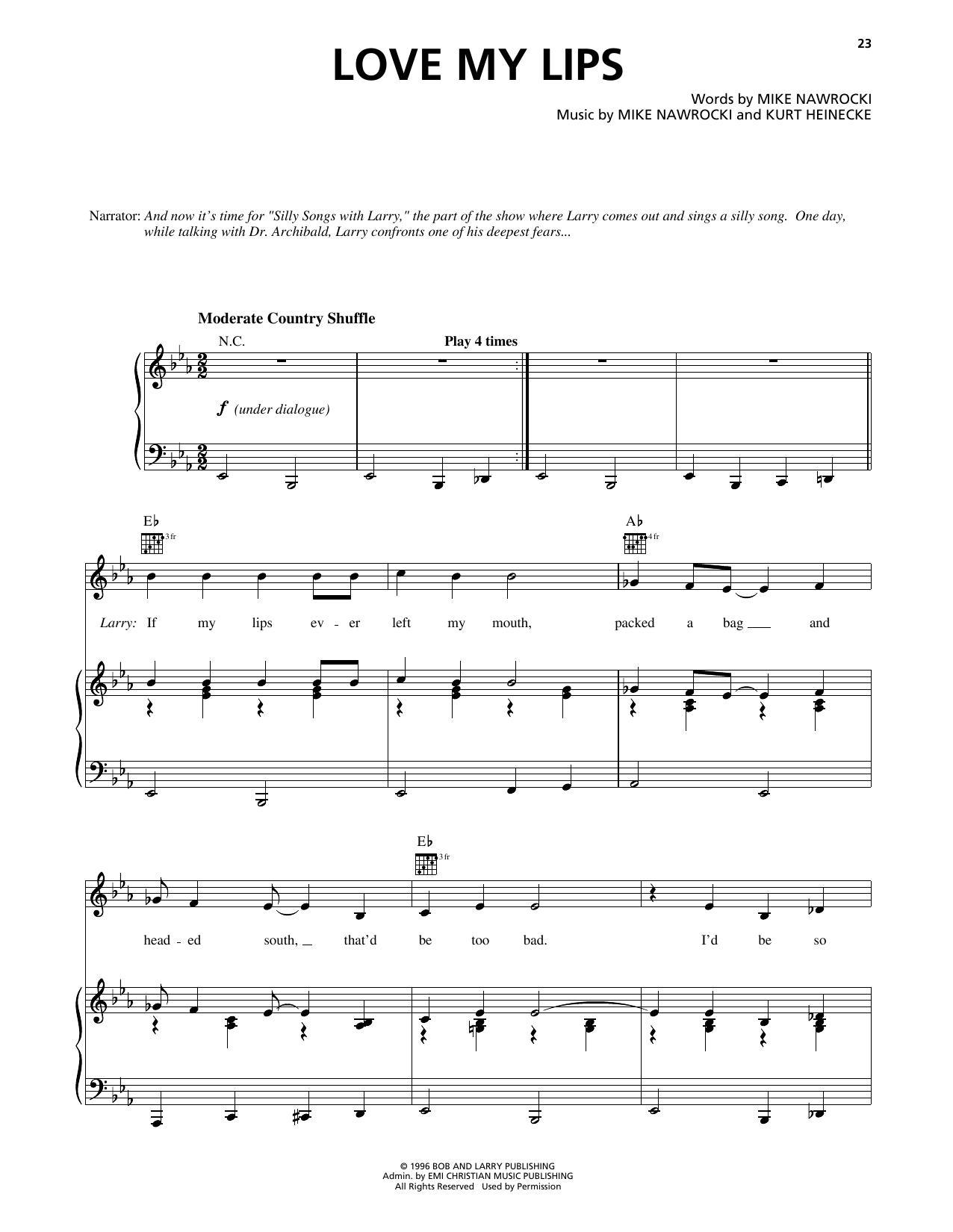 Mike Nawrocki Love My Lips (from VeggieTales) sheet music notes and chords arranged for Piano, Vocal & Guitar Chords (Right-Hand Melody)