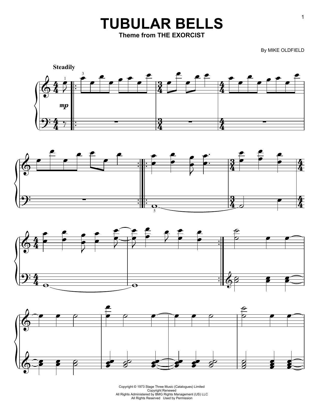 Mike Oldfield Tubular Bells (from The Excorcist) sheet music notes and chords arranged for Very Easy Piano