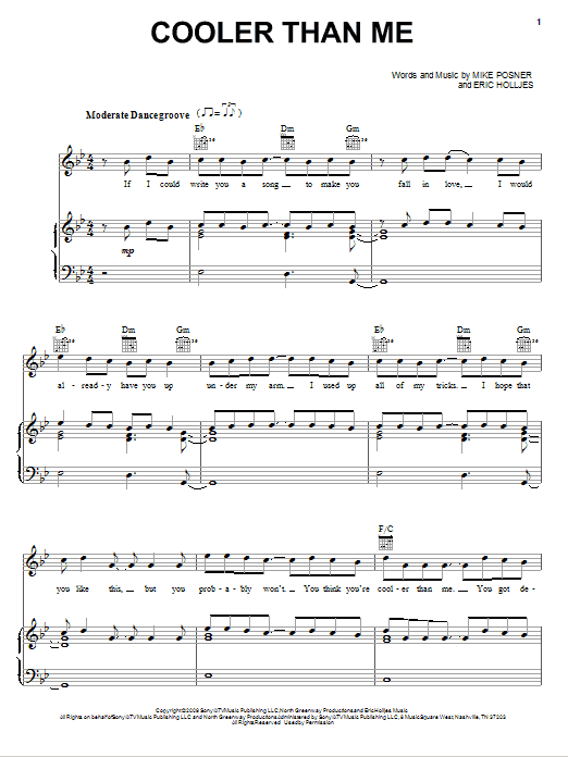 Mike Posner Cooler Than Me sheet music notes and chords arranged for Piano, Vocal & Guitar Chords