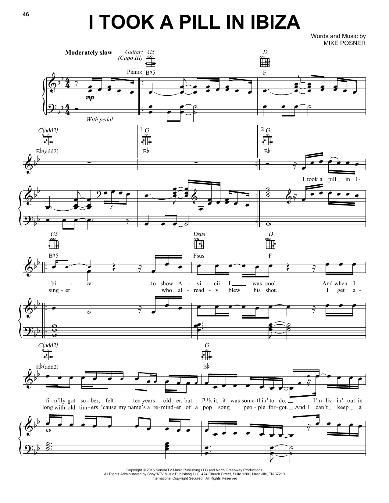 Mike Posner I Took A Pill In Ibiza sheet music notes and chords arranged for Easy Piano