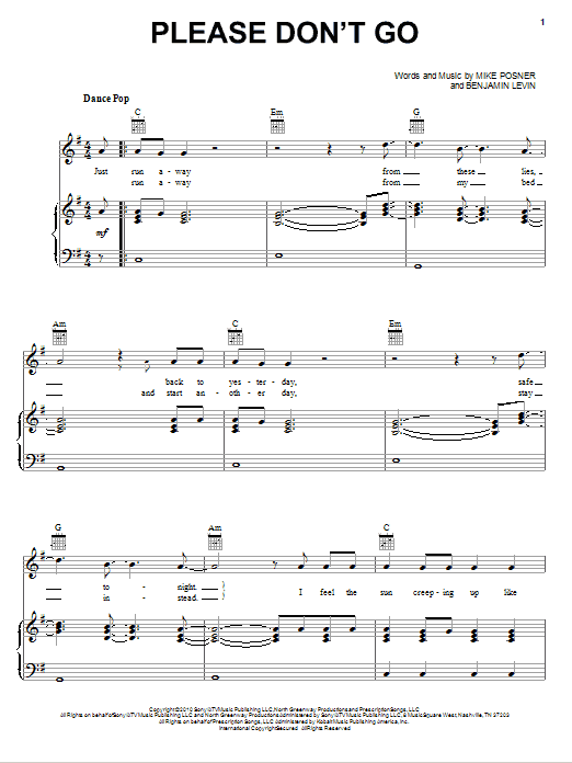 Mike Posner Please Don't Go sheet music notes and chords arranged for Piano, Vocal & Guitar Chords (Right-Hand Melody)