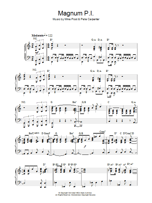 Mike Post Magnum P.I. sheet music notes and chords arranged for Piano Solo