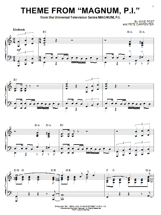 Mike Post Theme from Magnum, P.I. sheet music notes and chords arranged for Piano Solo