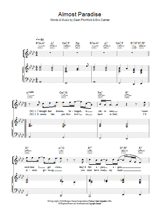 Mike Reno Almost Paradise sheet music notes and chords arranged for Piano, Vocal & Guitar Chords