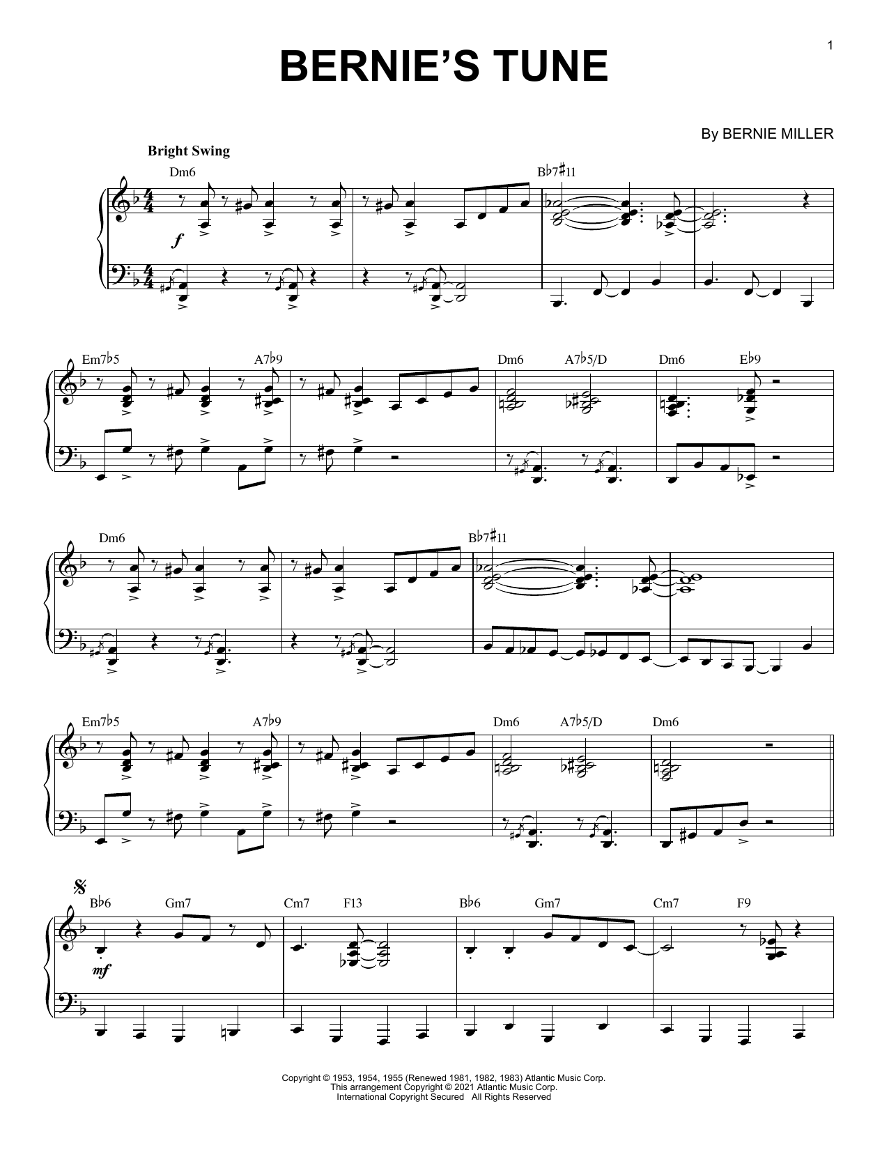 Mike Stoller Bernie's Tune [Jazz version] (arr. Brent Edstrom) sheet music notes and chords arranged for Piano Solo