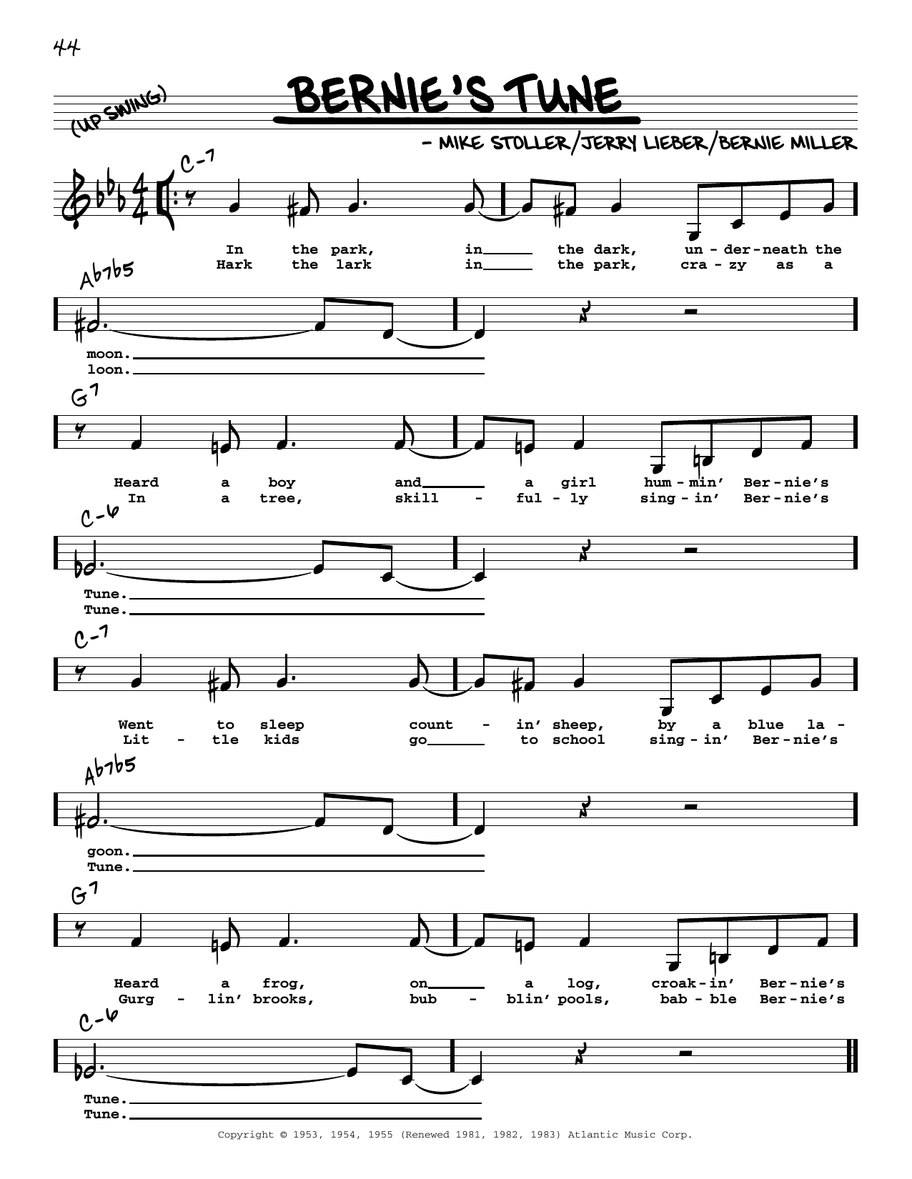 Mike Stoller Bernie's Tune (Low Voice) sheet music notes and chords arranged for Real Book – Melody, Lyrics & Chords