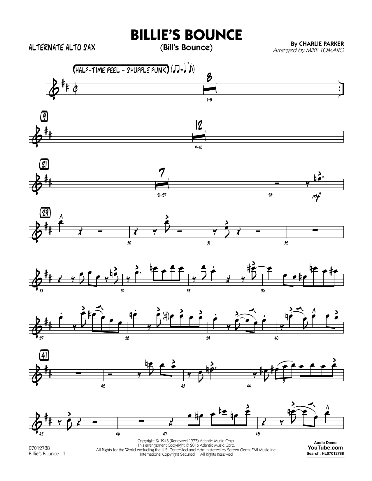 Mike Tomaro Billie's Bounce - Alternate Alto Sax sheet music notes and chords arranged for Jazz Ensemble