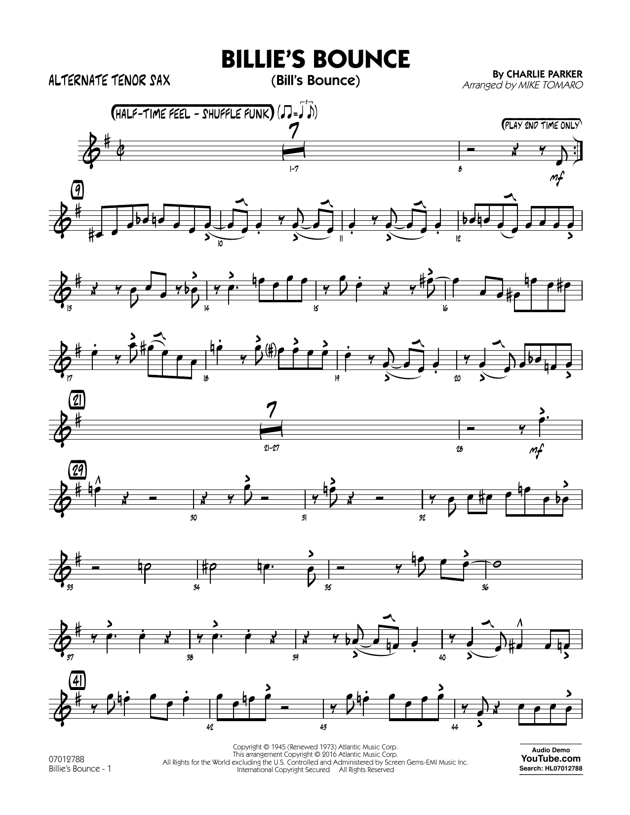 Mike Tomaro Billie's Bounce - Alternate Tenor Sax sheet music notes and chords arranged for Jazz Ensemble