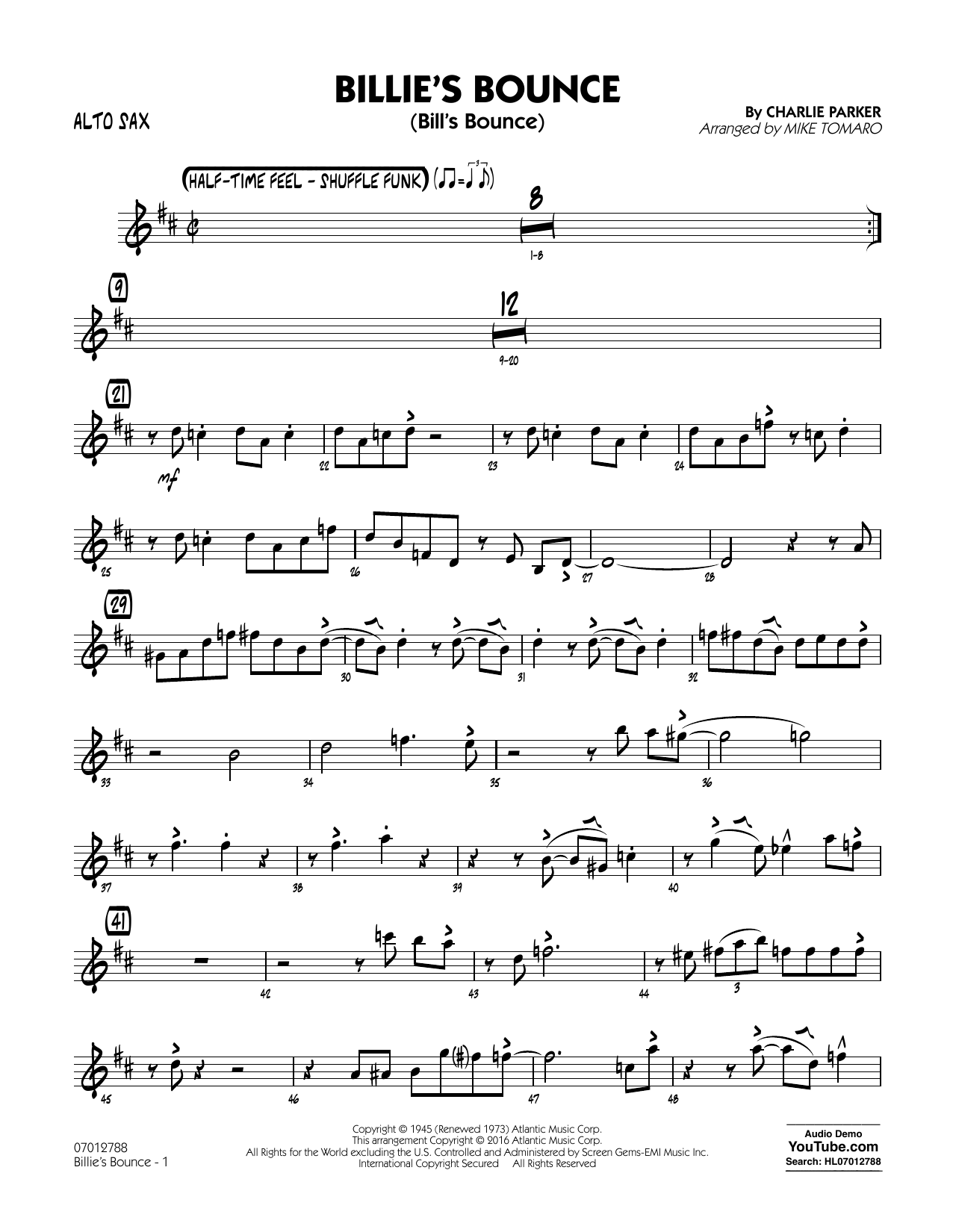 Mike Tomaro Billie's Bounce - Alto Sax sheet music notes and chords arranged for Jazz Ensemble