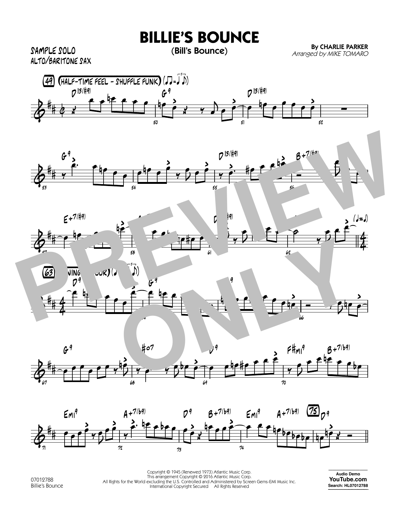 Mike Tomaro Billie's Bounce - Alto Sax/Bari Sax Sample Solo sheet music notes and chords arranged for Jazz Ensemble