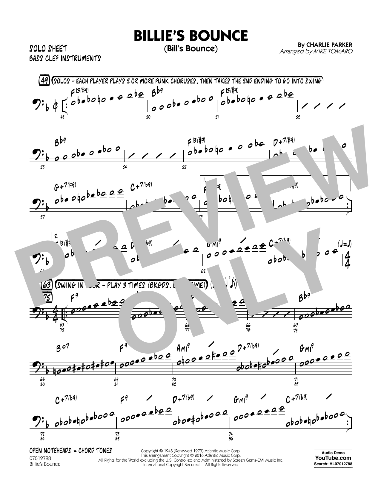 Mike Tomaro Billie's Bounce - Bass Clef Solo Sheet sheet music notes and chords arranged for Jazz Ensemble