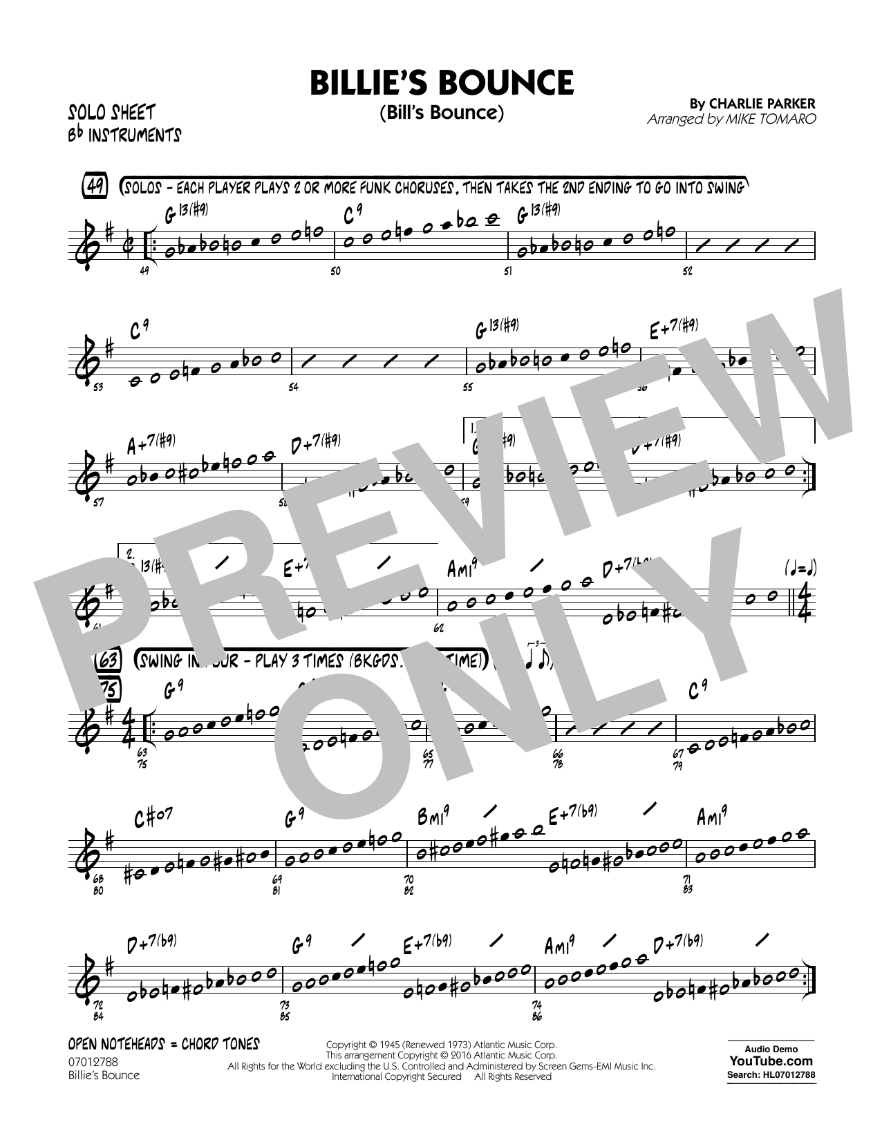 Mike Tomaro Billie's Bounce - Bb Solo Sheet sheet music notes and chords arranged for Jazz Ensemble
