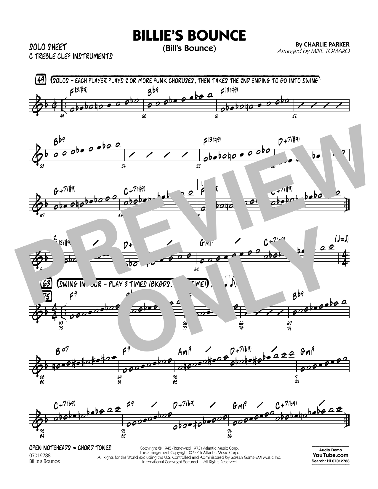 Mike Tomaro Billie's Bounce - C Solo Sheet sheet music notes and chords arranged for Jazz Ensemble