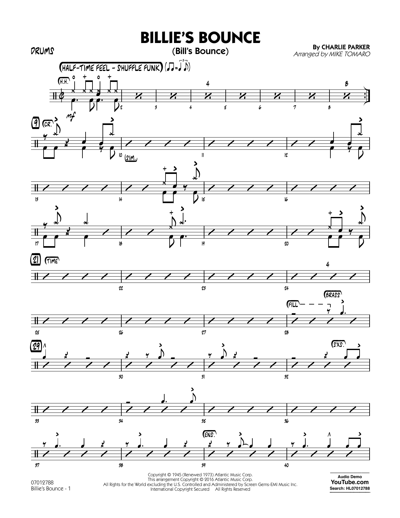 Mike Tomaro Billie's Bounce - Drums sheet music notes and chords arranged for Jazz Ensemble