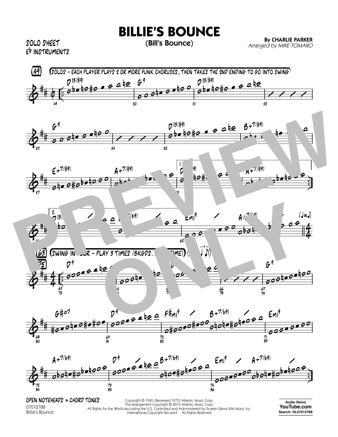 Mike Tomaro Billie's Bounce - Eb Solo Sheet sheet music notes and chords arranged for Jazz Ensemble