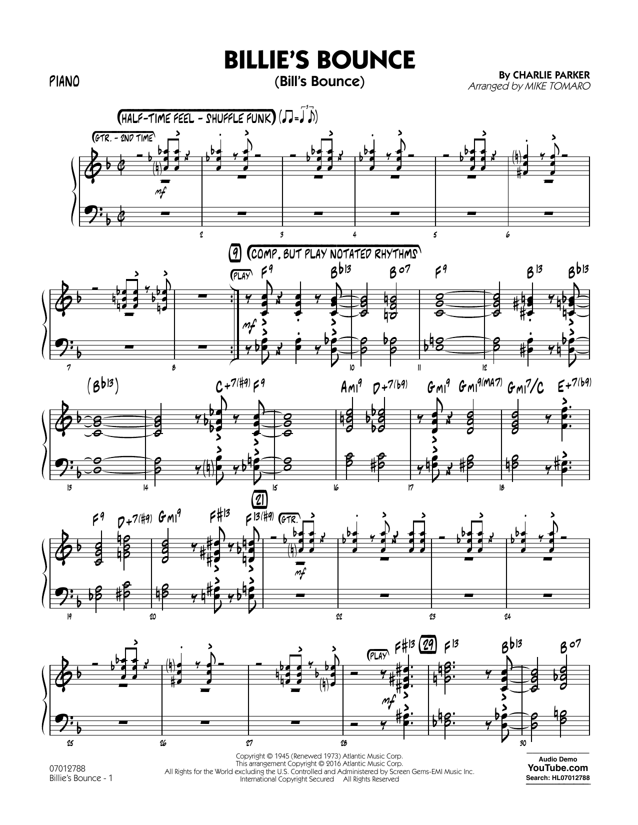 Mike Tomaro Billie's Bounce - Piano sheet music notes and chords arranged for Jazz Ensemble