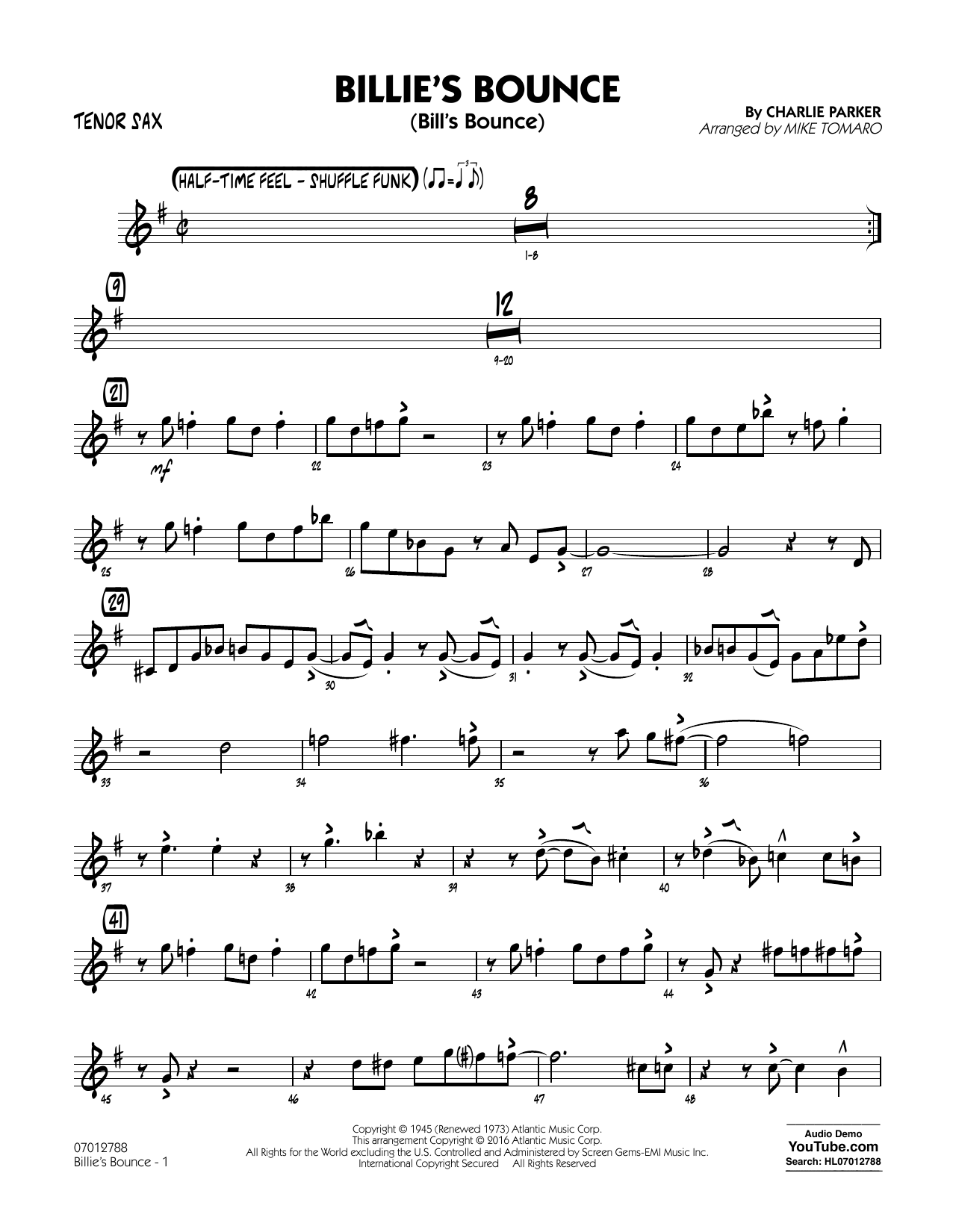 Mike Tomaro Billie's Bounce - Tenor Sax sheet music notes and chords arranged for Jazz Ensemble