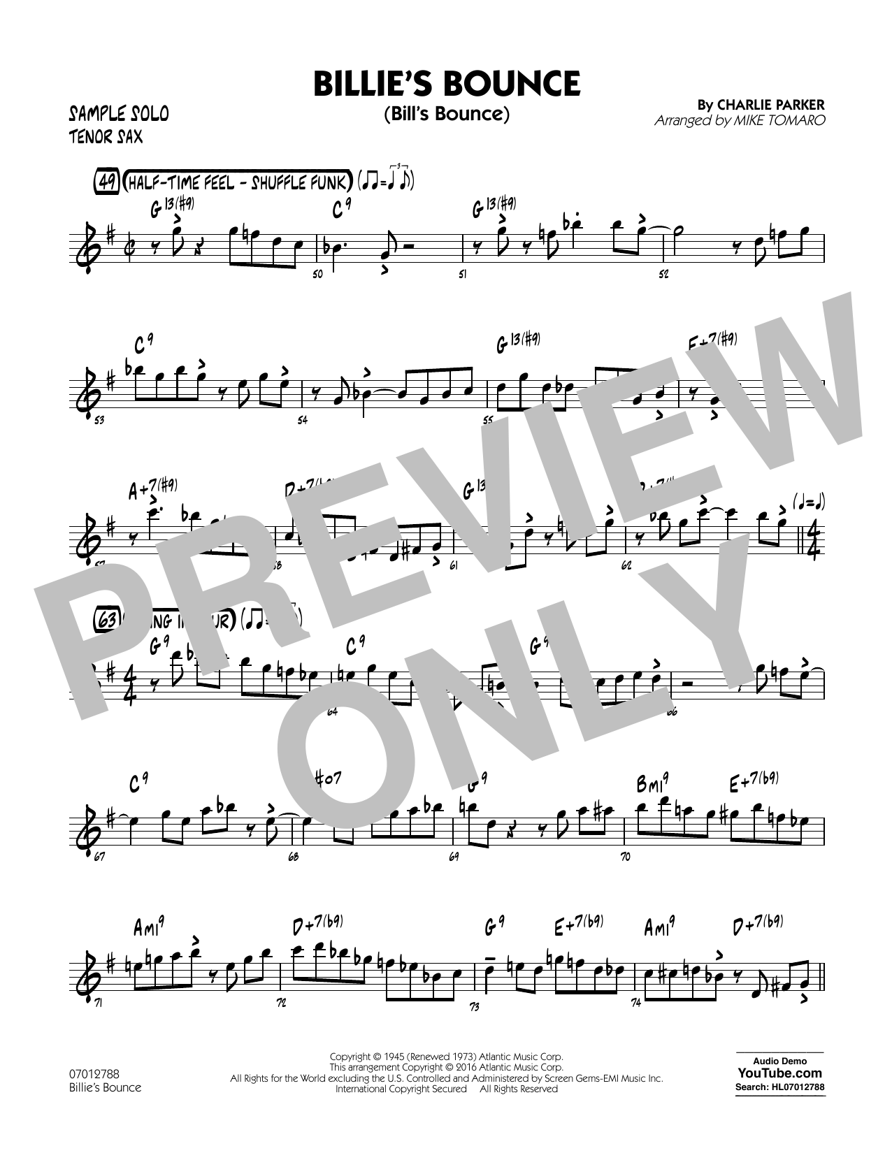 Mike Tomaro Billie's Bounce - Tenor Sax Sample Solo sheet music notes and chords arranged for Jazz Ensemble