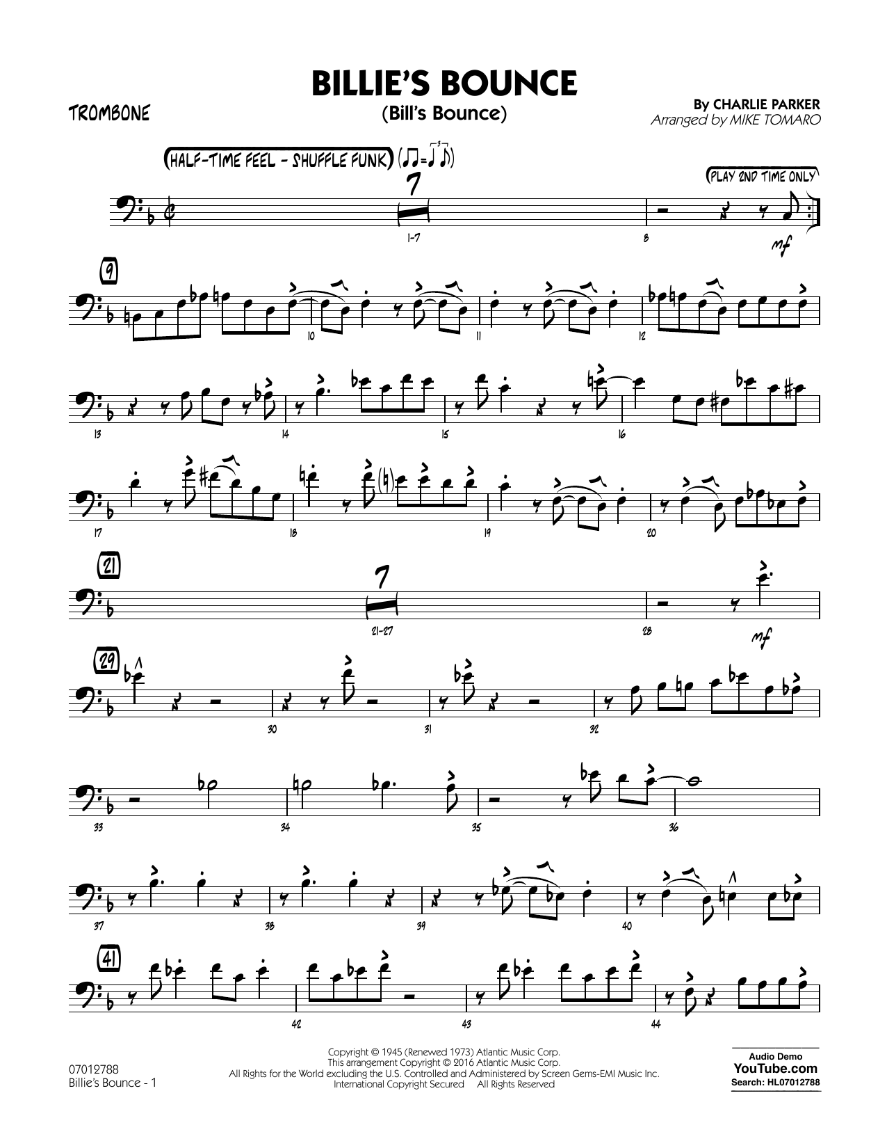 Mike Tomaro Billie's Bounce - Trombone sheet music notes and chords arranged for Jazz Ensemble