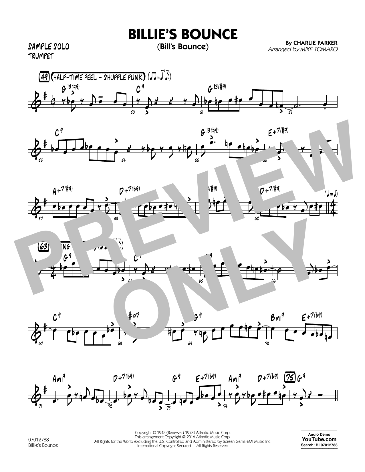 Mike Tomaro Billie's Bounce - Trumpet Sample Solo sheet music notes and chords arranged for Jazz Ensemble