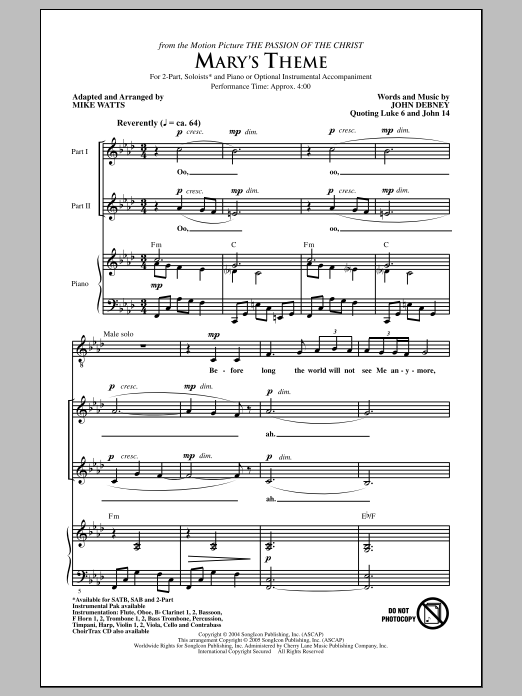 Mike Watts Mary's Theme sheet music notes and chords arranged for SAB Choir
