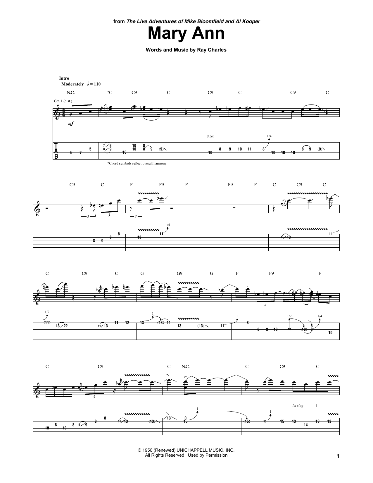 Mike Bloomfield & Al Kooper Mary Ann sheet music notes and chords arranged for Guitar Tab