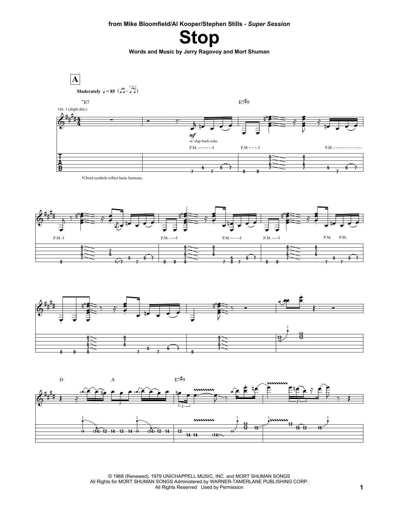 Mike Bloomfield/Al Kooper/Stephen Stills Stop sheet music notes and chords arranged for Guitar Tab