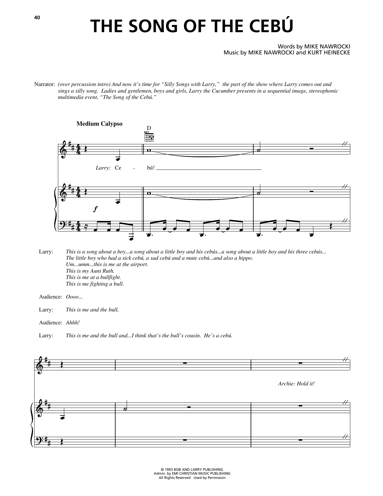 Mike Nawrocki The Song Of The Cebu (from VeggieTales) sheet music notes and chords arranged for Piano, Vocal & Guitar Chords (Right-Hand Melody)