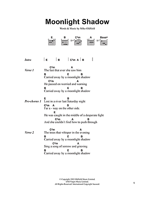 Mike Oldfield Moonlight Shadow sheet music notes and chords arranged for Guitar Chords/Lyrics