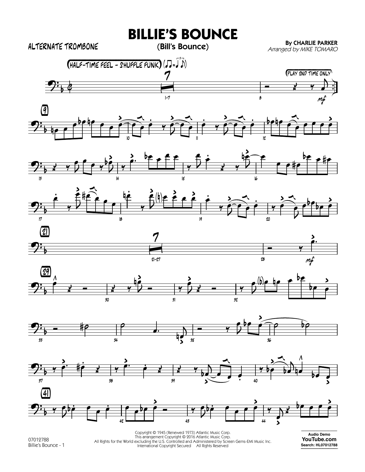 Mike Tomaro Billie's Bounce - Alternate Trombone sheet music notes and chords arranged for Jazz Ensemble