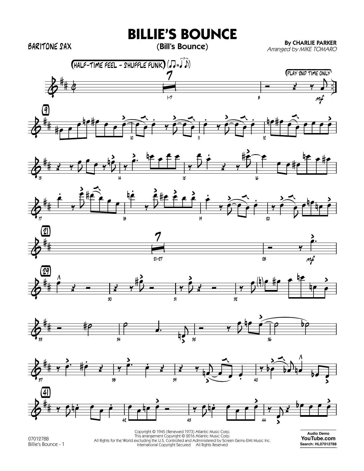 Mike Tomaro Billie's Bounce - Baritone Sax sheet music notes and chords arranged for Jazz Ensemble