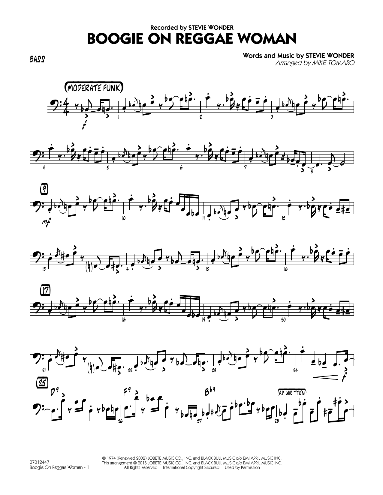 Mike Tomaro Boogie On Reggae Woman - Bass sheet music notes and chords arranged for Jazz Ensemble