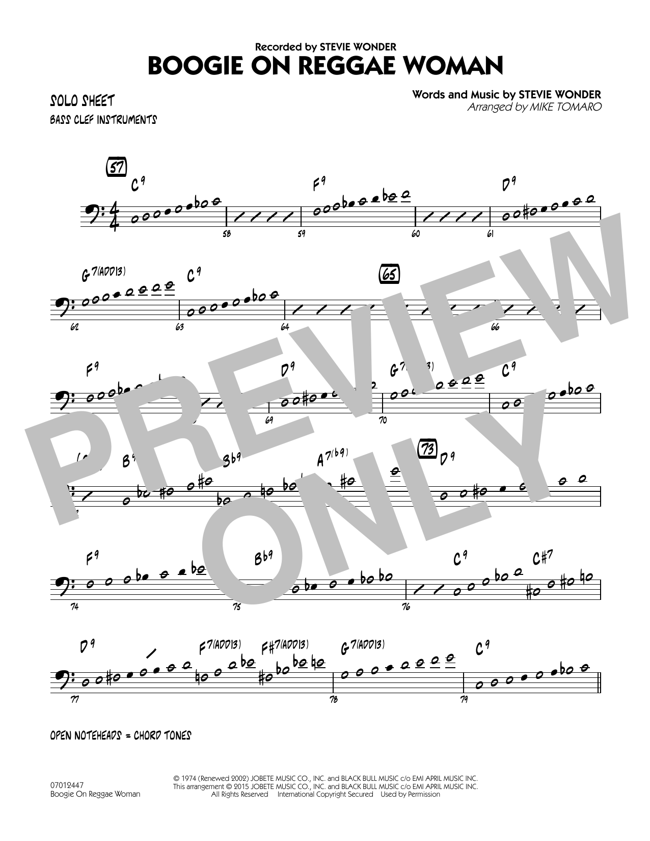 Mike Tomaro Boogie On Reggae Woman - Bass Clef Solo Sheet sheet music notes and chords arranged for Jazz Ensemble