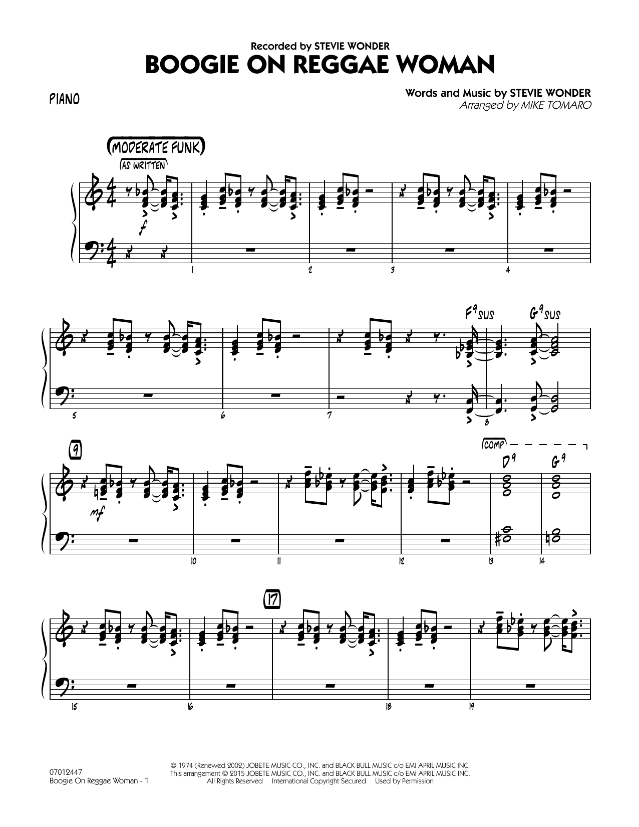 Mike Tomaro Boogie On Reggae Woman - Piano sheet music notes and chords arranged for Jazz Ensemble