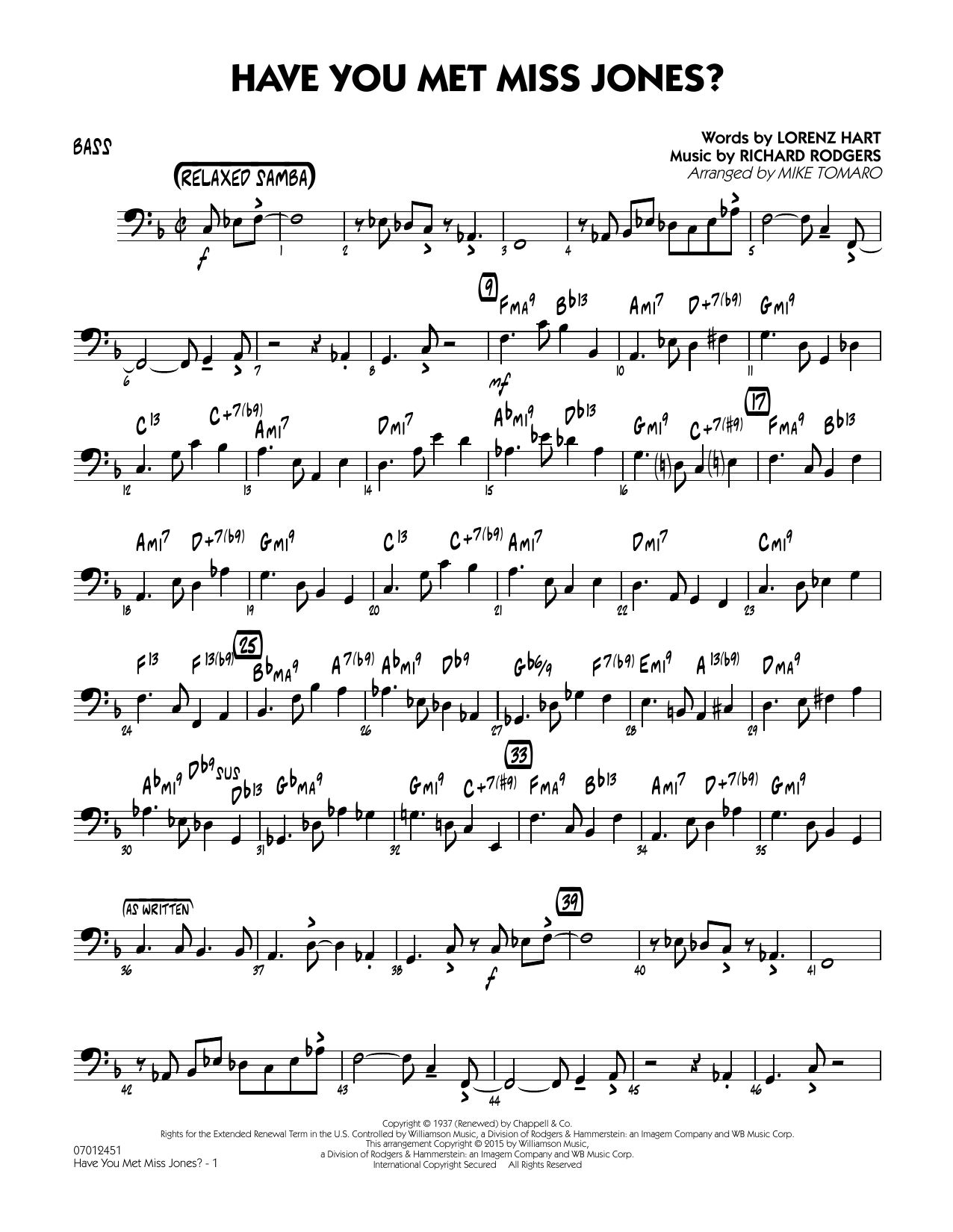 Mike Tomaro Have You Met Miss Jones? - Bass sheet music notes and chords arranged for Jazz Ensemble