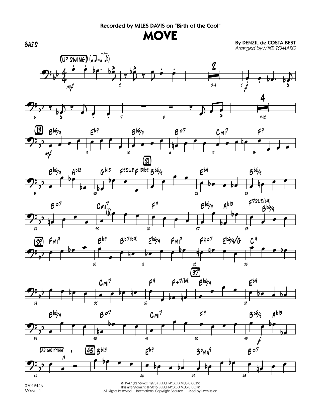 Mike Tomaro Move - Bass sheet music notes and chords. Download Printable PDF.
