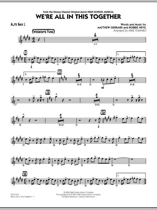 Mike Tomaro We're All In This Together (from High School Musical) - Alto Sax 1 sheet music notes and chords. Download Printable PDF.